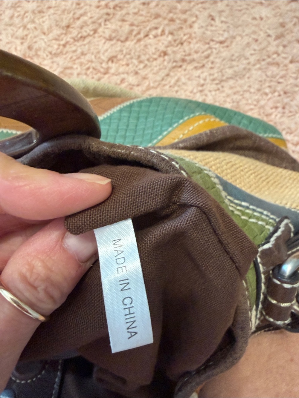Fossil Kristy II patchwork hobo bag leather, suede, canvas wood handle crossbod - Picture 13 of 17